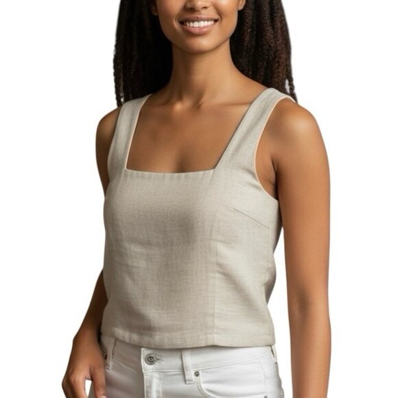 WEEKEND Los Angeles Linen Crop Top Large XL Natural Oatmeal Tan Smocked Seamed - Picture 1 of 9